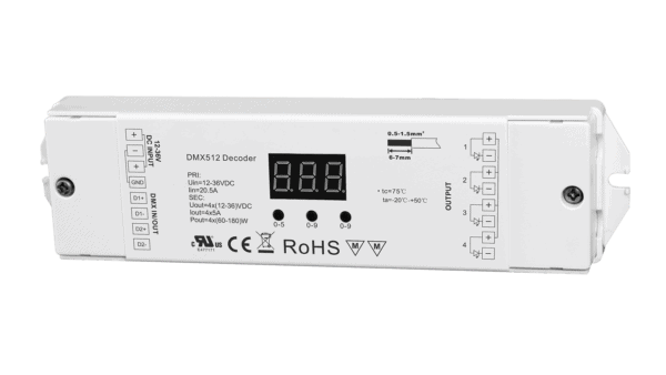 4 Kanal DMX512 LED Dimmer, RGBW, Konstantspannung 12-36VDC, max. 720W