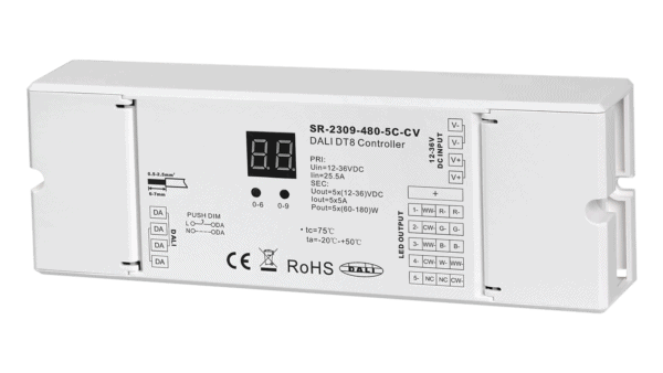 5 Kanal DALI DT8 LED Dimmer, RGBWA, Konstantspannung 12-36VDC, max. 900W